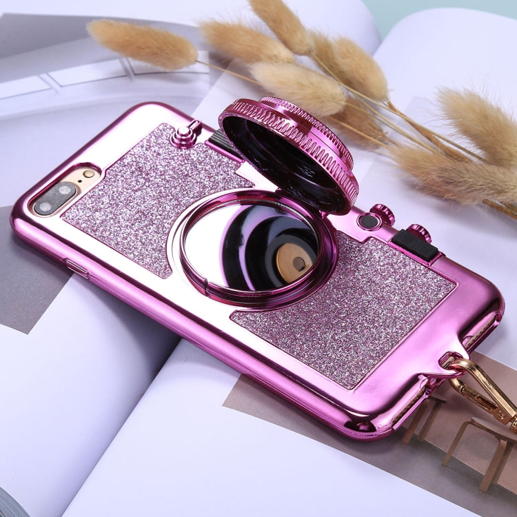 For iPhone 8 Plus & 7 Plus TPU Camera Shape Mirror Glitter Protective Back Cover Case with Holder & Lanyard