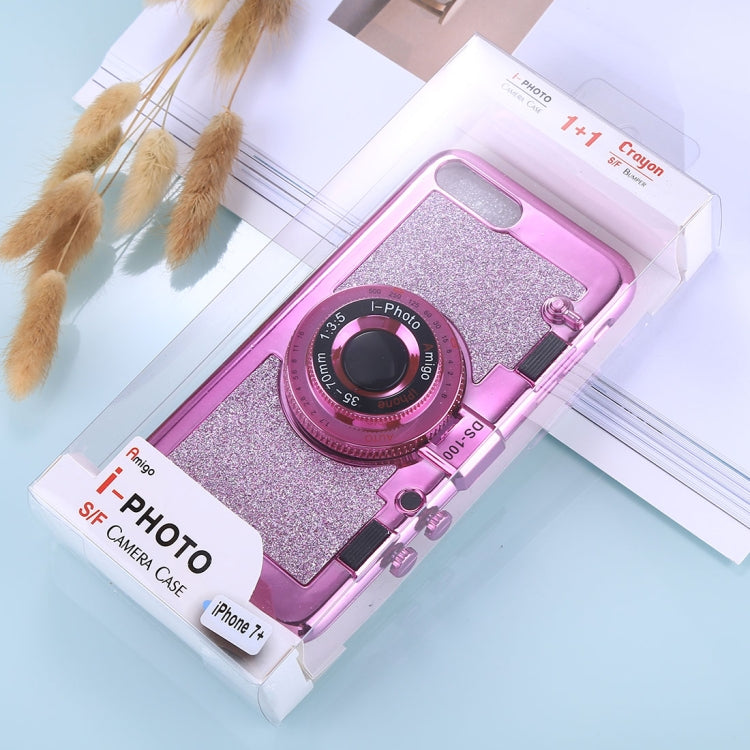 For iPhone 8 Plus & 7 Plus TPU Camera Shape Mirror Glitter Protective Back Cover Case with Holder & Lanyard