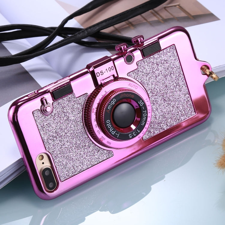 For iPhone 8 Plus & 7 Plus TPU Camera Shape Mirror Glitter Protective Back Cover Case with Holder & Lanyard