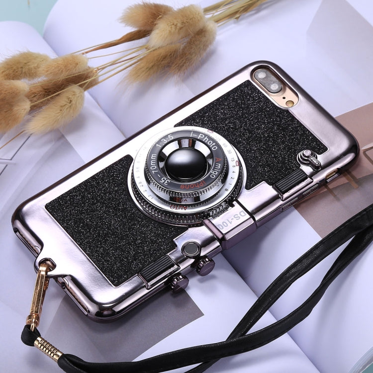 For iPhone 8 Plus & 7 Plus TPU Camera Shape Mirror Glitter Protective Back Cover Case with Holder & Lanyard