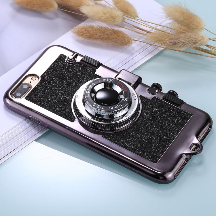 For iPhone 8 Plus & 7 Plus TPU Camera Shape Mirror Glitter Protective Back Cover Case with Holder & Lanyard