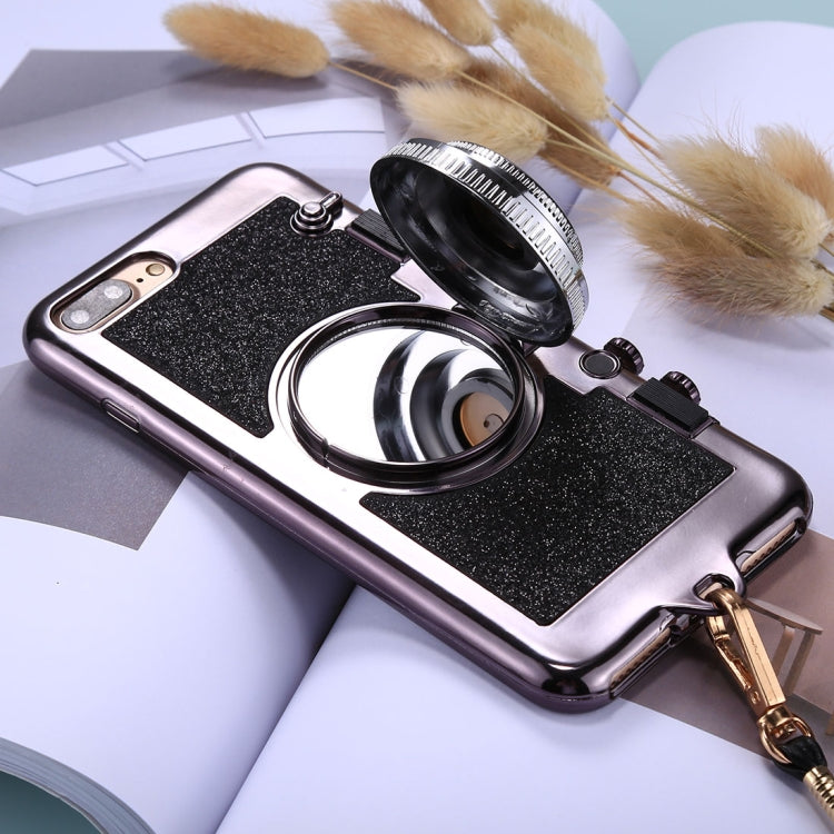 For iPhone 8 Plus & 7 Plus TPU Camera Shape Mirror Glitter Protective Back Cover Case with Holder & Lanyard