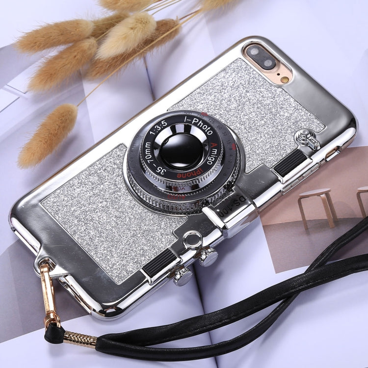 For iPhone 8 Plus & 7 Plus TPU Camera Shape Mirror Glitter Protective Back Cover Case with Holder & Lanyard