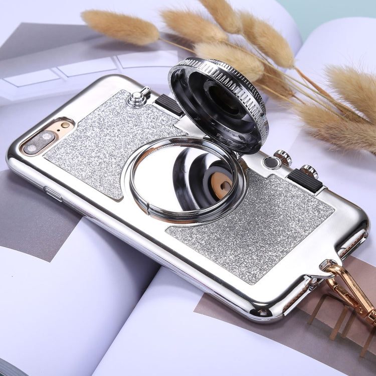 For iPhone 8 Plus & 7 Plus TPU Camera Shape Mirror Glitter Protective Back Cover Case with Holder & Lanyard