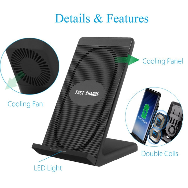 N800 10W Double Coils Qi Wireless Stand Fast Charger with Cooling Fan, For iPhone, Galaxy, Huawei, Xiaomi, LG, HTC and Other QI Standard Smart Phones