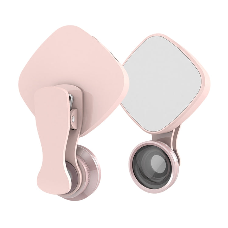 RK27 Mini LED 9 Modes 4600K Beauty Selfie Clip Fill Light with HD 3 in 1 Fisheye / Wide Angle / Macro Lens Phone Camera, Compatible with IOS and Android, for Live Broadcast, Live Stream, Beauty Selfie, etc(Pink)