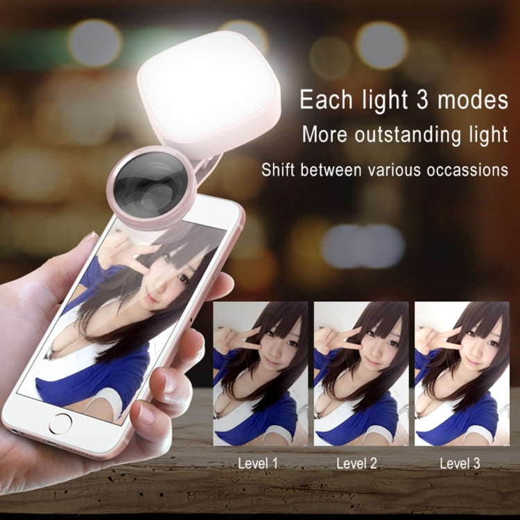 RK27 Mini LED 9 Modes 4600K Beauty Selfie Clip Fill Light with HD 3 in 1 Fisheye / Wide Angle / Macro Lens Phone Camera, Compatible with IOS and Android, for Live Broadcast, Live Stream, Beauty Selfie, etc(Pink)