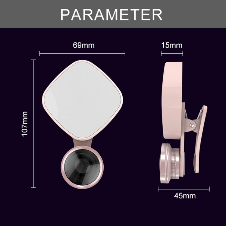 RK27 Mini LED 9 Modes 4600K Beauty Selfie Clip Fill Light with HD 3 in 1 Fisheye / Wide Angle / Macro Lens Phone Camera, Compatible with IOS and Android, for Live Broadcast, Live Stream, Beauty Selfie, etc(Pink)