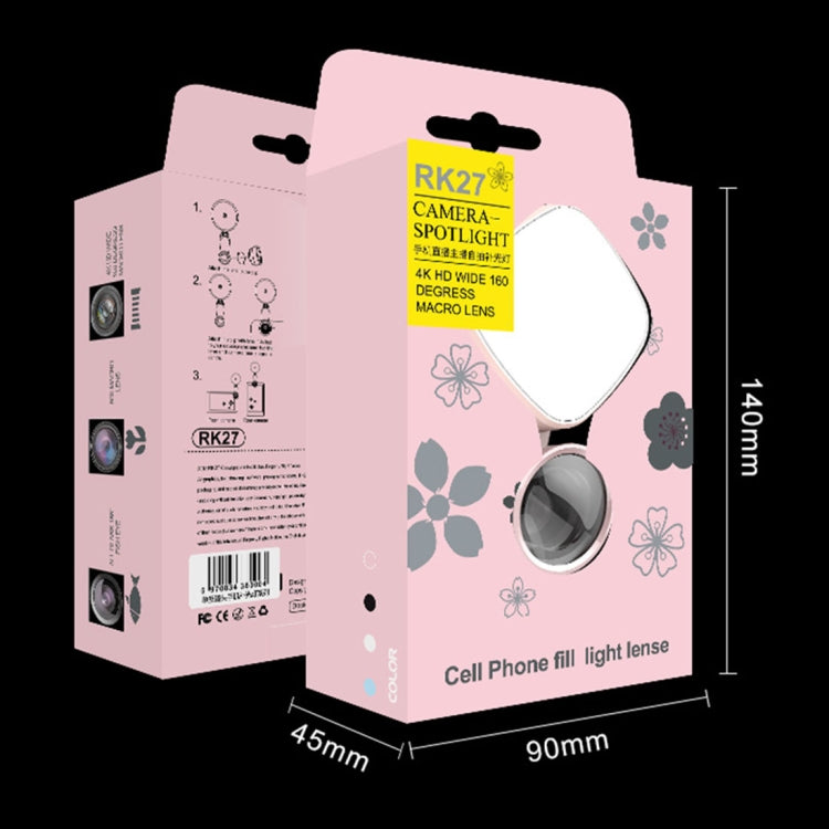 RK27 Mini LED 9 Modes 4600K Beauty Selfie Clip Fill Light with HD 3 in 1 Fisheye / Wide Angle / Macro Lens Phone Camera, Compatible with IOS and Android, for Live Broadcast, Live Stream, Beauty Selfie, etc(Pink)