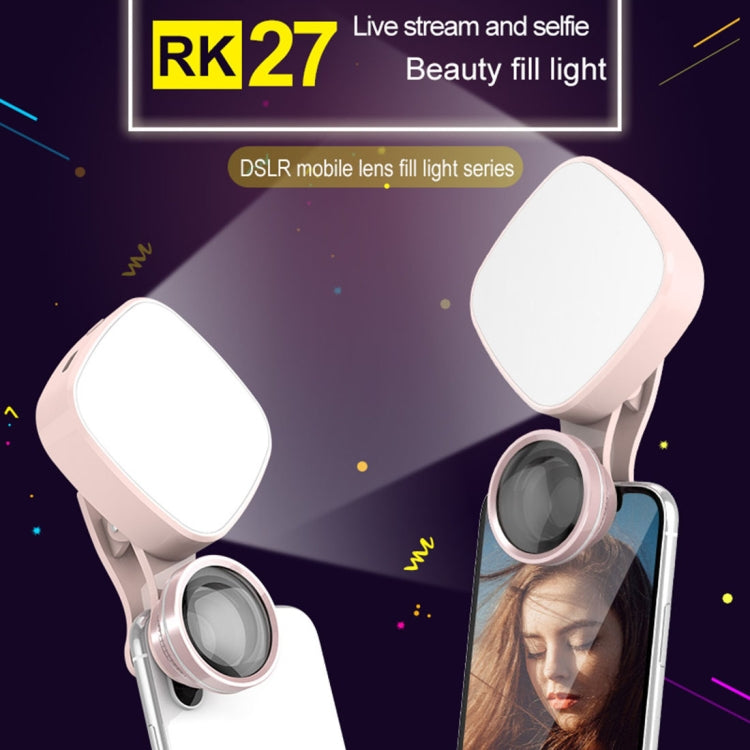 RK27 Mini LED 9 Modes 4600K Beauty Selfie Clip Fill Light with HD 3 in 1 Fisheye / Wide Angle / Macro Lens Phone Camera, Compatible with IOS and Android, for Live Broadcast, Live Stream, Beauty Selfie, etc(Pink)