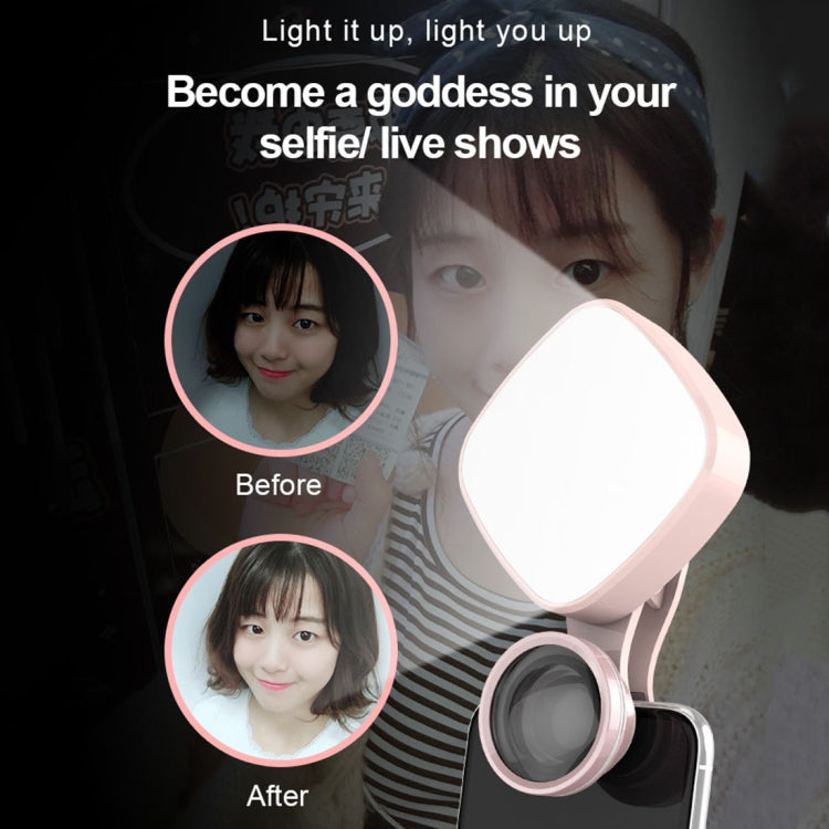 RK27 Mini LED 9 Modes 4600K Beauty Selfie Clip Fill Light with HD 3 in 1 Fisheye / Wide Angle / Macro Lens Phone Camera, Compatible with IOS and Android, for Live Broadcast, Live Stream, Beauty Selfie, etc(Pink)