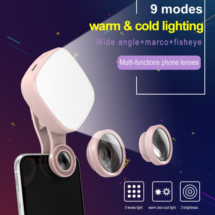 RK27 Mini LED 9 Modes 4600K Beauty Selfie Clip Fill Light with HD 3 in 1 Fisheye / Wide Angle / Macro Lens Phone Camera, Compatible with IOS and Android, for Live Broadcast, Live Stream, Beauty Selfie, etc(Pink)