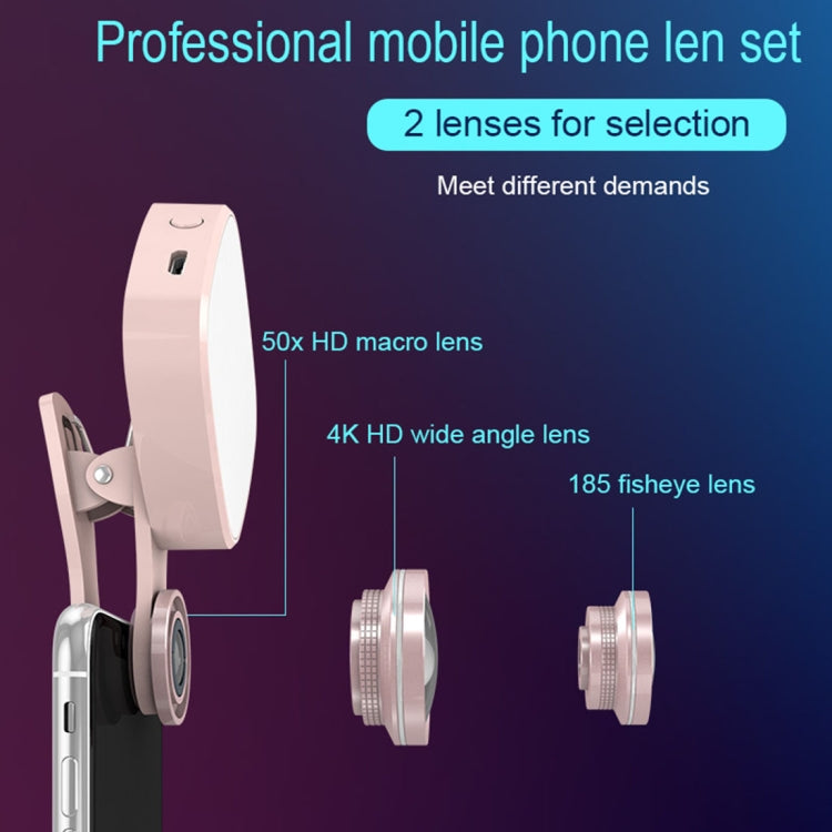 RK27 Mini LED 9 Modes 4600K Beauty Selfie Clip Fill Light with HD 3 in 1 Fisheye / Wide Angle / Macro Lens Phone Camera, Compatible with IOS and Android, for Live Broadcast, Live Stream, Beauty Selfie, etc(Pink)