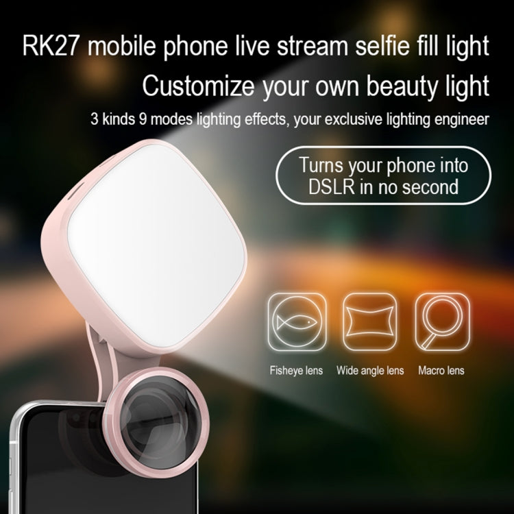 RK27 Mini LED 9 Modes 4600K Beauty Selfie Clip Fill Light with HD 3 in 1 Fisheye / Wide Angle / Macro Lens Phone Camera, Compatible with IOS and Android, for Live Broadcast, Live Stream, Beauty Selfie, etc(Pink)