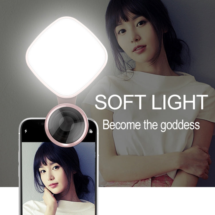RK27 Mini LED 9 Modes 4600K Beauty Selfie Clip Fill Light with HD 3 in 1 Fisheye / Wide Angle / Macro Lens Phone Camera, Compatible with IOS and Android, for Live Broadcast, Live Stream, Beauty Selfie, etc(Pink)