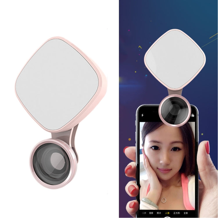 RK27 Mini LED 9 Modes 4600K Beauty Selfie Clip Fill Light with HD 3 in 1 Fisheye / Wide Angle / Macro Lens Phone Camera, Compatible with IOS and Android, for Live Broadcast, Live Stream, Beauty Selfie, etc(Pink)