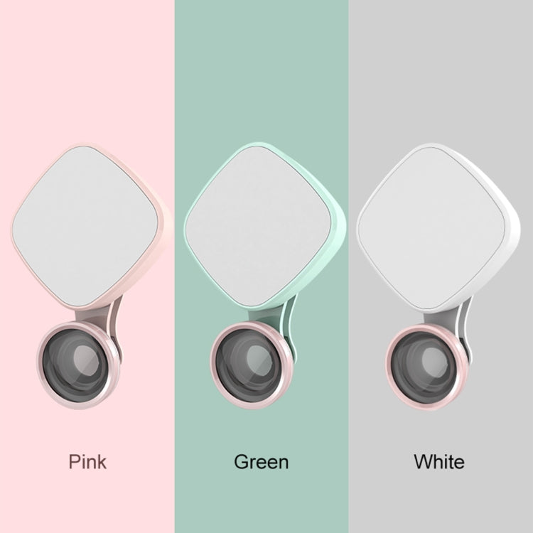 RK27 Mini LED 9 Modes 4600K Beauty Selfie Clip Fill Light with HD 3 in 1 Fisheye / Wide Angle / Macro Lens Phone Camera, Compatible with IOS and Android, for Live Broadcast, Live Stream, Beauty Selfie, etc(Pink)