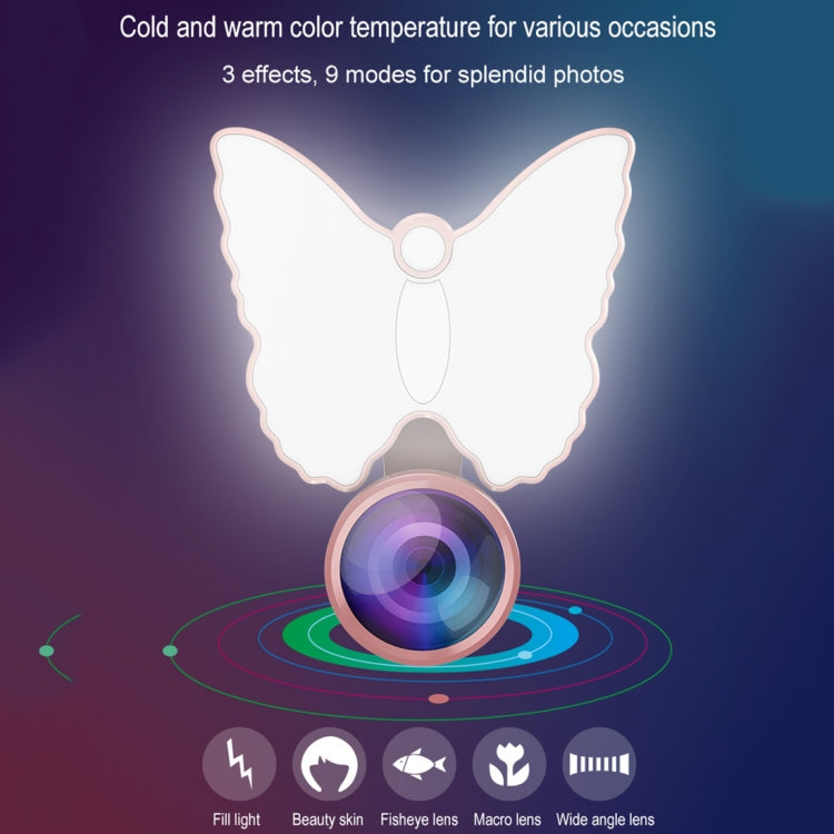 RK29 Butterfly Shape 126-LED 9 Levels Selfie Clip Fill Light with 3 in 1 Fisheye / Wide Angle / Macro Lens, Compatible with IOS and Android, for Live Broadcast, Live Stream, Beauty Selfie, etc (Green)