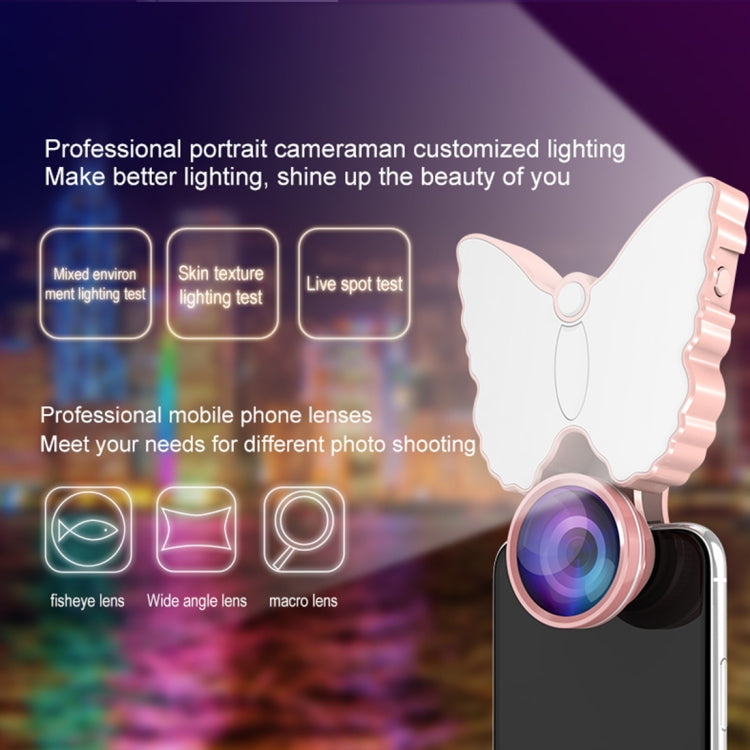 RK29 Butterfly Shape 126-LED 9 Levels Selfie Clip Fill Light with 3 in 1 Fisheye / Wide Angle / Macro Lens, Compatible with IOS and Android, for Live Broadcast, Live Stream, Beauty Selfie, etc (Green)