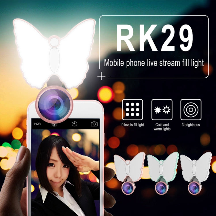 RK29 Butterfly Shape 126-LED 9 Levels Selfie Clip Fill Light with 3 in 1 Fisheye / Wide Angle / Macro Lens, Compatible with IOS and Android, for Live Broadcast, Live Stream, Beauty Selfie, etc (Green)
