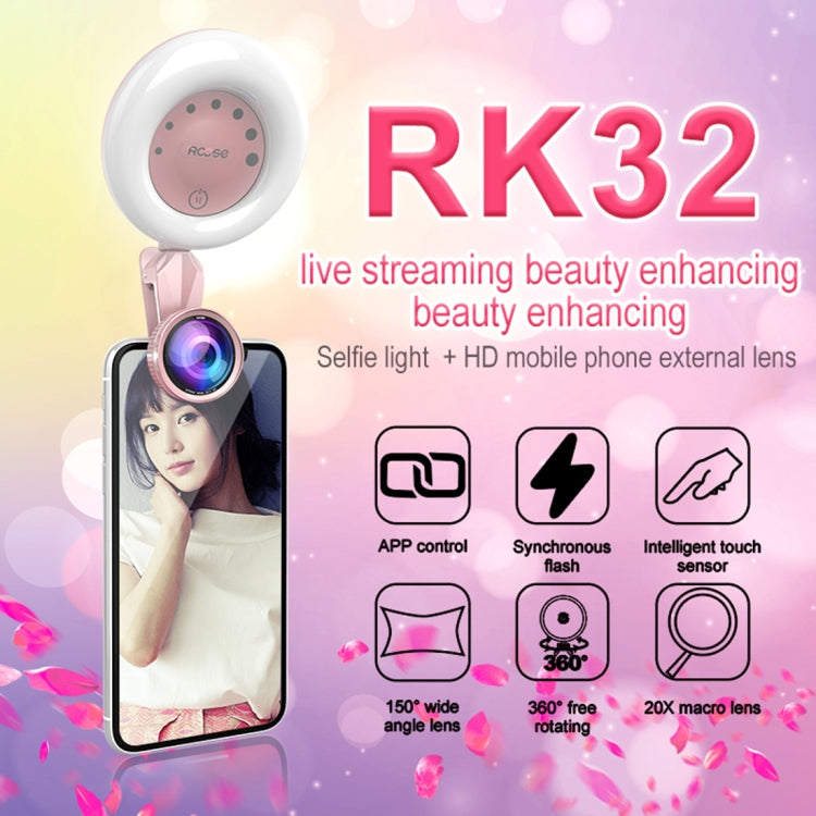 RK32 Beauty 52-LED Touch Sensor APP Control Selfie Clip Flash Fill Light with HD 4K Wide Angle / 20X Macro Lens, For Live Broadcast, Live Stream, Beauty Selfie, etc