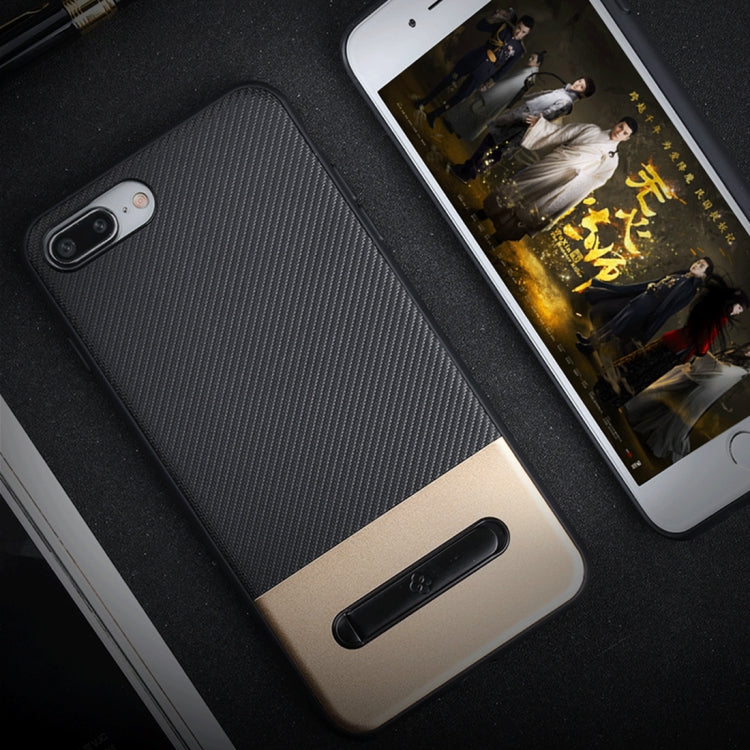 TOTUDESIGN For iPhone 8 Plus & 7 Plus TPU + PC Twill Texture Anti-slip Protective Back Cover Case With Magnetic Metal Ring Holder(Gold)