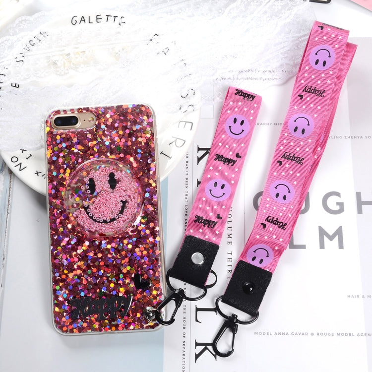 For iPhone 8 Plus & 7 Plus Fashion Cute Happy Smiling Face Pattern Sequin Protective Back Cover Case with Sling & Lanyard