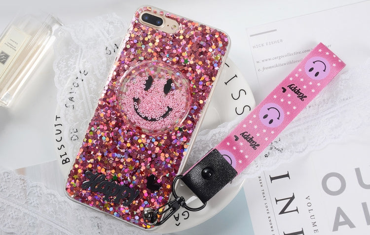 For iPhone 8 Plus & 7 Plus Fashion Cute Happy Smiling Face Pattern Sequin Protective Back Cover Case with Sling & Lanyard