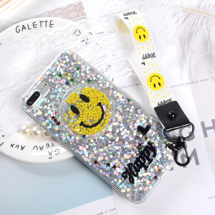 For iPhone 8 Plus & 7 Plus Fashion Cute Happy Smiling Face Pattern Sequin Protective Back Cover Case with Sling & Lanyard