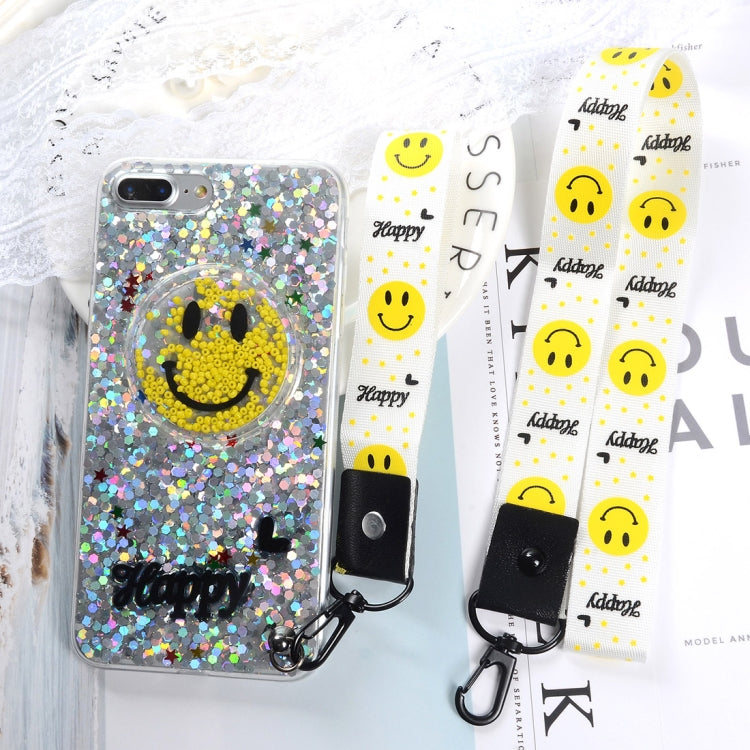 For iPhone 8 Plus & 7 Plus Fashion Cute Happy Smiling Face Pattern Sequin Protective Back Cover Case with Sling & Lanyard