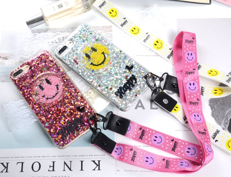 For iPhone 8 Plus & 7 Plus Fashion Cute Happy Smiling Face Pattern Sequin Protective Back Cover Case with Sling & Lanyard