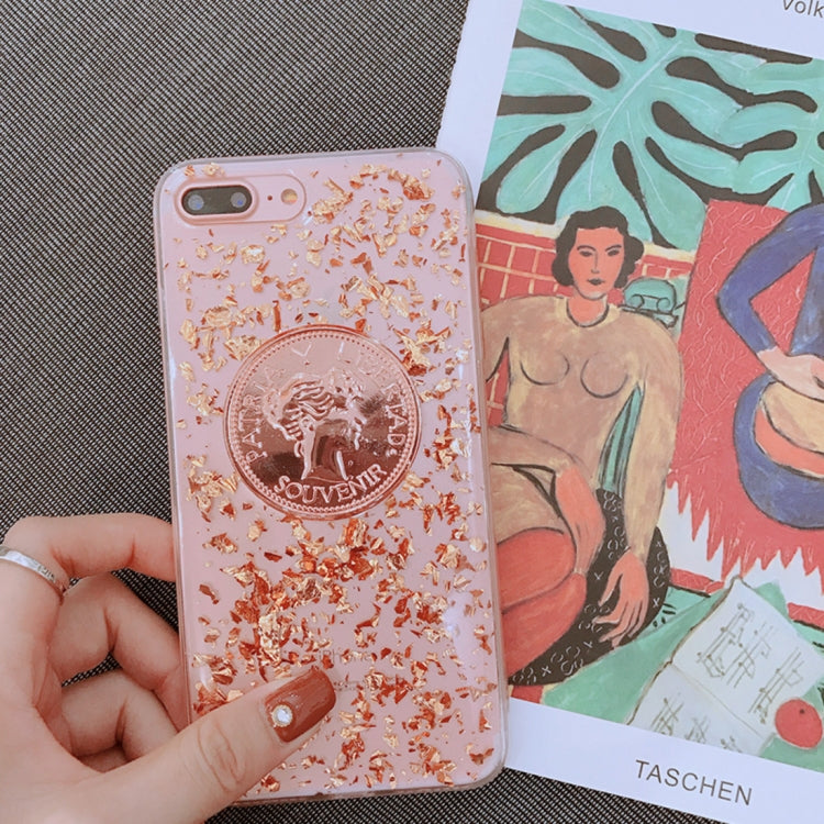 For iPhone 8 Plus & 7 Plus Fashion Commemorative Coin Pattern TPU Protective Back Cover Case(Gold)