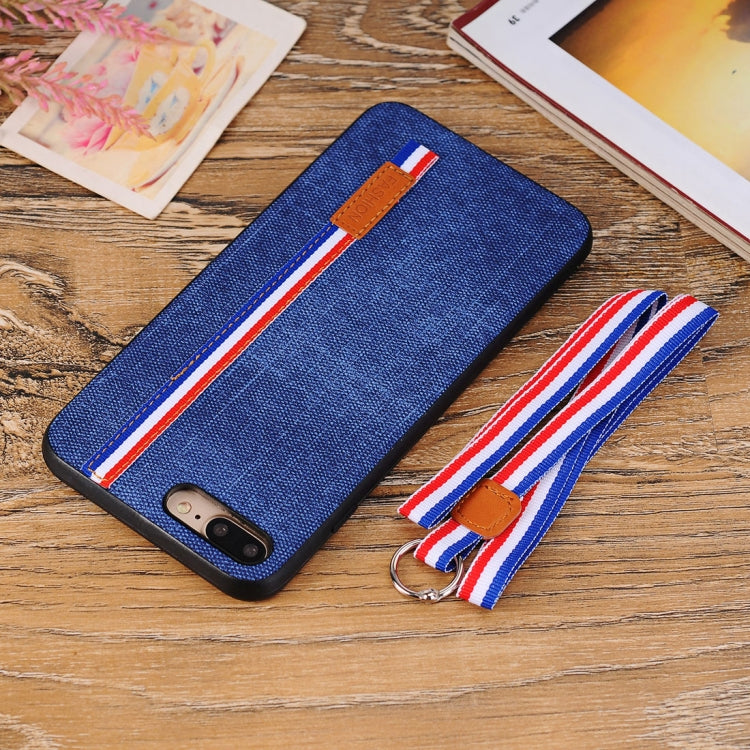 For iPhone 8 Plus Denim Texture Protective Back Cover Case with Lanyard