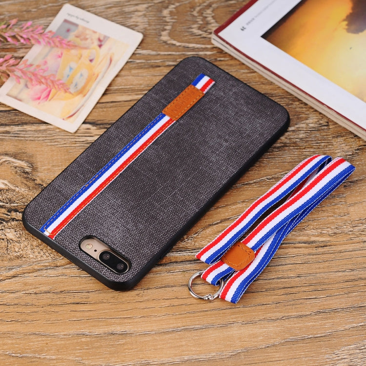 For iPhone 8 Plus Denim Texture Protective Back Cover Case with Lanyard