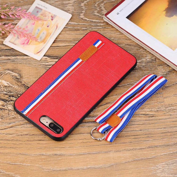 For iPhone 8 Plus Denim Texture Protective Back Cover Case with Lanyard