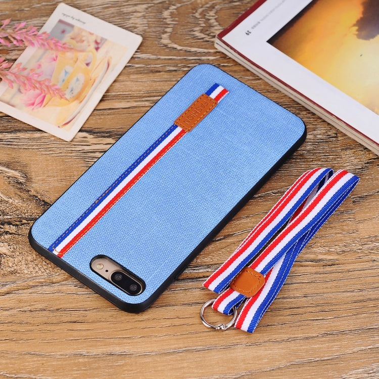 For iPhone 8 Plus Denim Texture Protective Back Cover Case with Lanyard