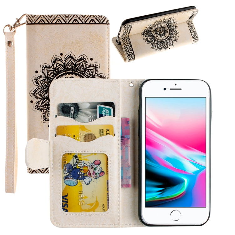 For iPhone 8 Plus & 7 Plus Embossment Mandala Print Horizontal Flip Leather Case with Holder & Card Slots & Wallet & Lanyard