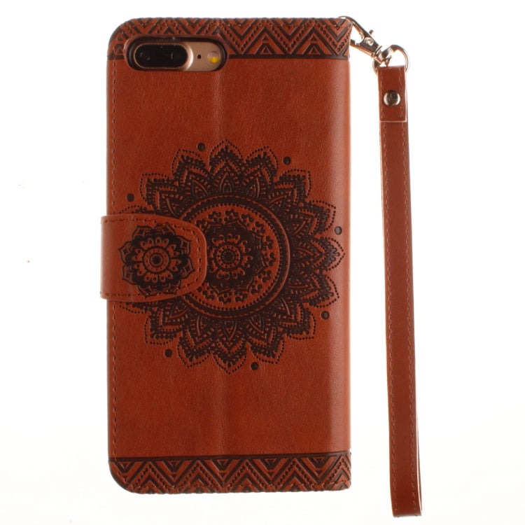 For iPhone 8 Plus & 7 Plus Embossment Mandala Print Horizontal Flip Leather Case with Holder & Card Slots & Wallet & Lanyard