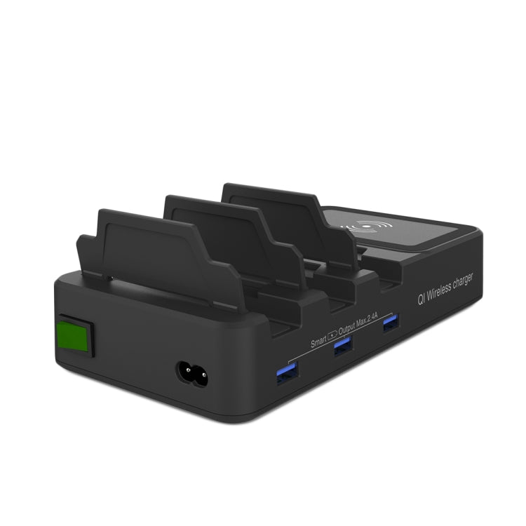 HS-CH008 Foldable 3 Ports USB Charging Station With QI Wireless Charger Pad, For iPhone X/8, Tablets, Cameras and Most IOS & Android Smartphones