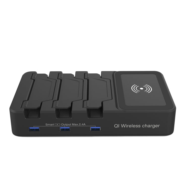 HS-CH008 Foldable 3 Ports USB Charging Station With QI Wireless Charger Pad, For iPhone X/8, Tablets, Cameras and Most IOS & Android Smartphones
