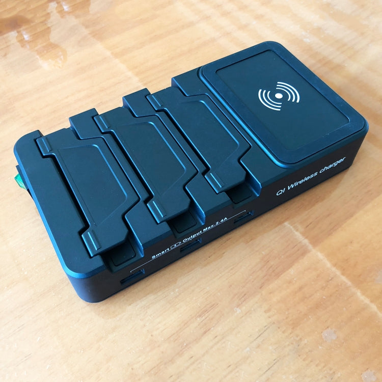 HS-CH008 Foldable 3 Ports USB Charging Station With QI Wireless Charger Pad, For iPhone X/8, Tablets, Cameras and Most IOS & Android Smartphones