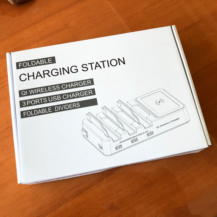 HS-CH008 Foldable 3 Ports USB Charging Station With QI Wireless Charger Pad, For iPhone X/8, Tablets, Cameras and Most IOS & Android Smartphones