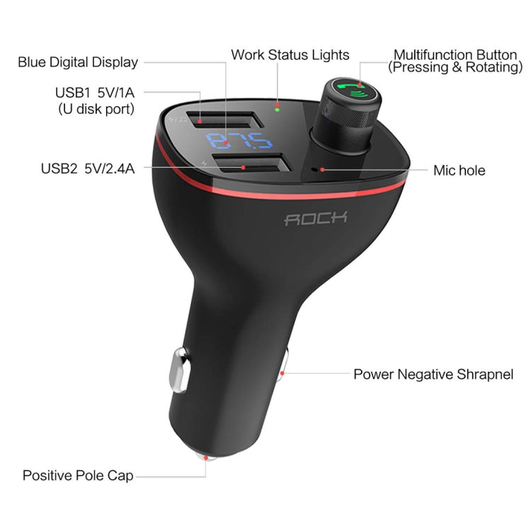 Rock B300 Wireless Bluetooth V4.2 FM Transmitter Radio Adapter Car Charger, With Dual USB Output & Hand-Free Calling, Music Player Support USB Flash Drive & U Disk, Compatible with IOS & Android