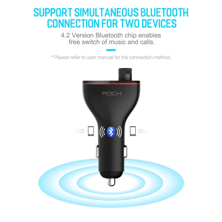 Rock B300 Wireless Bluetooth V4.2 FM Transmitter Radio Adapter Car Charger, With Dual USB Output & Hand-Free Calling, Music Player Support USB Flash Drive & U Disk, Compatible with IOS & Android