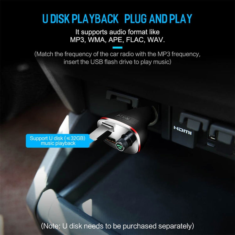 Rock B300 Wireless Bluetooth V4.2 FM Transmitter Radio Adapter Car Charger, With Dual USB Output & Hand-Free Calling, Music Player Support USB Flash Drive & U Disk, Compatible with IOS & Android