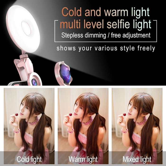 RK33C Professional Beauty Selfie Light Selfie Clip Flash Fill Light with HD 4K Wide Angle / 20X Macro Lens
