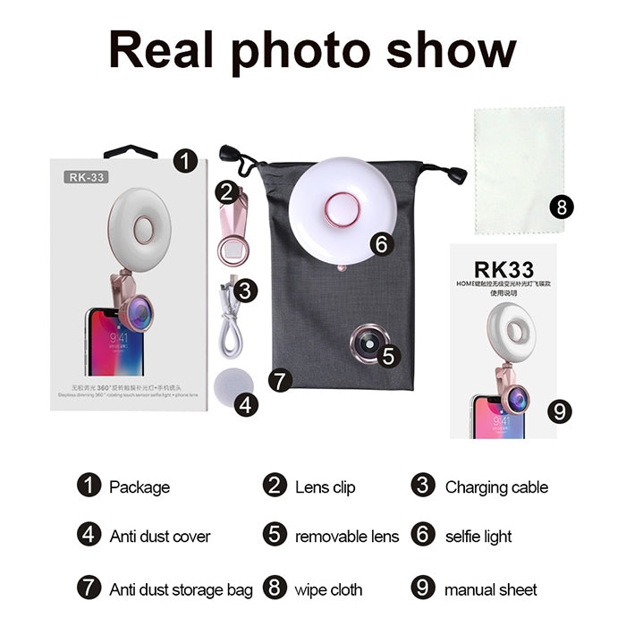 RK33C Professional Beauty Selfie Light Selfie Clip Flash Fill Light with HD 4K Wide Angle / 20X Macro Lens