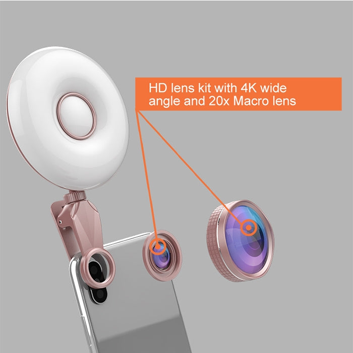 RK33C Professional Beauty Selfie Light Selfie Clip Flash Fill Light with HD 4K Wide Angle / 20X Macro Lens