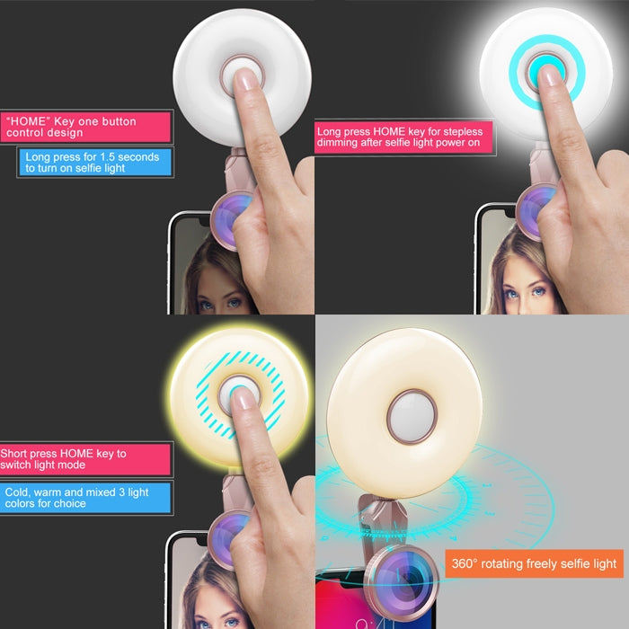 RK33C Professional Beauty Selfie Light Selfie Clip Flash Fill Light with HD 4K Wide Angle / 20X Macro Lens
