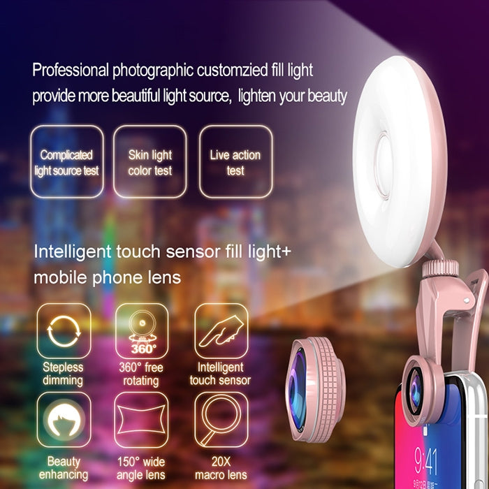 RK33C Professional Beauty Selfie Light Selfie Clip Flash Fill Light with HD 4K Wide Angle / 20X Macro Lens